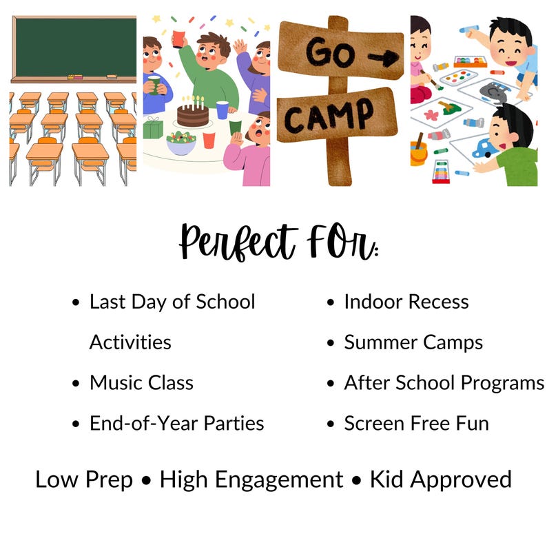 Op de afbeelding: Een kleurrijke illustratie met schoolthema-elementen. Bevat een schoolbord, bureaus, feestende kinderen, een "Go Camp"-bord en kinderen die tekenen. De tekst luidt "Perfect voor" gevolgd door activiteitssuggesties zoals "Activiteiten op de laatste schooldag" en "Zomerkampen."