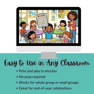 Op de afbeelding: Een computerscherm toont een kleurrijke illustratie van kinderen die bingo spelen in een klaslokaal. De afbeelding bevat de tekst "Easy to Use in Any Classroom" en opsommingstekens over de kenmerken van het spel.