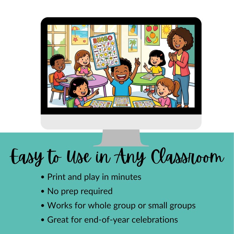 Op de afbeelding: Een computerscherm toont een kleurrijke illustratie van kinderen die bingo spelen in een klaslokaal. De afbeelding bevat de tekst "Easy to Use in Any Classroom" en opsommingstekens over de kenmerken van het spel.
