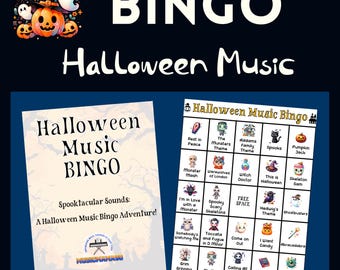 Afdrukbaar bingospel Halloweenmuziek | 24 iconische liedjes en schattige illustraties | Leuk voor kinderen, klaslokalen, feestjes of Halloween-activiteiten voor het hele gezin