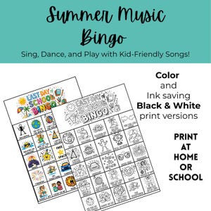 Op de afbeelding: Twee afdrukbare bingospelbladen. E&eacute;n is in kleur, de andere in zwart-wit. De spellen zijn gethematiseerd rond zomermuziek en de laatste schooldag. Tekst bevat "Summer Music Bingo" en "Print thuis of op school."