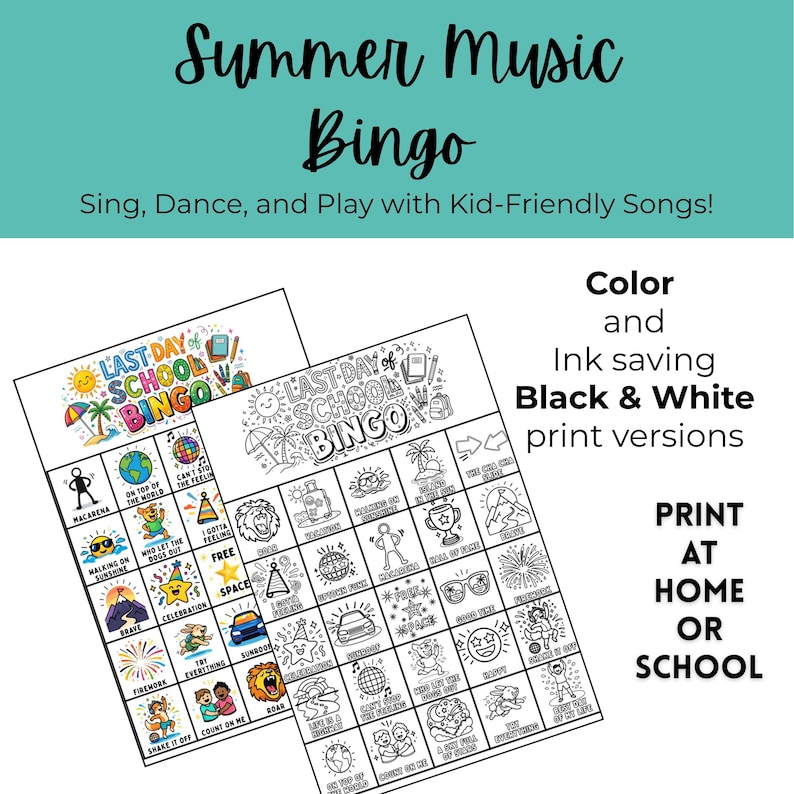 Op de afbeelding: Twee afdrukbare bingospelbladen. E&eacute;n is in kleur, de andere in zwart-wit. De spellen zijn gethematiseerd rond zomermuziek en de laatste schooldag. Tekst bevat "Summer Music Bingo" en "Print thuis of op school."