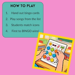 Op de afbeelding: Een kleurrijke bingokaart met zomerse iconen, waaronder een zonnebril en een palmboom. De kaart wordt door handen vastgehouden, met instructies: Bingo kaarten uitdelen, liedjes afspelen, iconen matchen, en wie het eerst BINGO heeft wint!