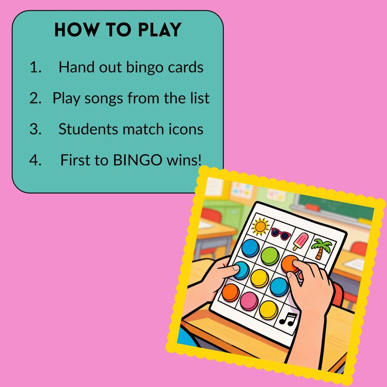 Op de afbeelding: Een kleurrijke bingokaart met zomerse iconen, waaronder een zonnebril en een palmboom. De kaart wordt door handen vastgehouden, met instructies: Bingo kaarten uitdelen, liedjes afspelen, iconen matchen, en wie het eerst BINGO heeft wint!
