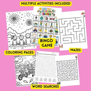 Op de afbeelding: Een verzameling afdrukbare activiteitenbladen op een roze achtergrond. De bladen bevatten kleurplaten, een bingospel, doolhoven en woordzoekers. Tekst op de bladen is "Last Day of School Bingo", "Coloring Pages", "Mazes" en "Word Searches".