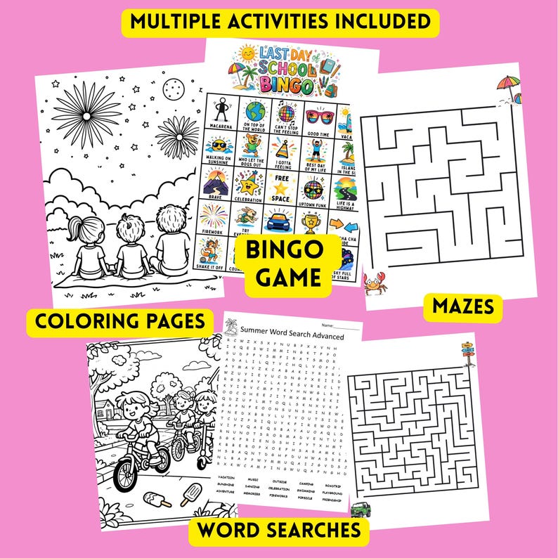 Op de afbeelding: Een verzameling afdrukbare activiteitenbladen op een roze achtergrond. De bladen bevatten kleurplaten, een bingospel, doolhoven en woordzoekers. Tekst op de bladen is "Last Day of School Bingo", "Coloring Pages", "Mazes" en "Word Searches".