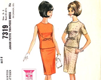 60's Dress with Lined Seaming and Front Bow Junior Petite Bust 31 - 31.5 Vintage Sewing Pattern McCalls 7319