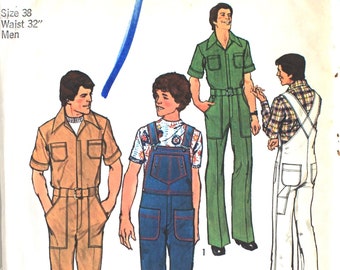 UNCUT Mens Jumpsuit Overalls Size 38 Waist 32 Simplicity 7052 Vintage Sewing Pattern