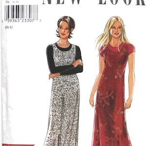 Puede incluir: Un patrón de costura para dos vestidos maxi. El vestido de la izquierda es un vestido estampado en blanco y negro con una parte superior negra de manga larga. El vestido de la derecha es un vestido rojo con estampado floral. El patrón es para las tallas 8-18 e incluye instrucciones en inglés, francés y español.