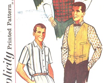 Camisa de los hombres, chaleco y chaleco reversible tamaño 38 cuello 15" simplicidad 4160 vintage costura patrón