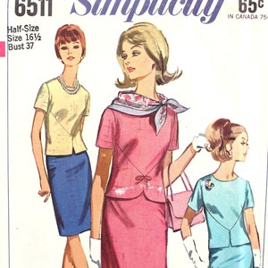 1960's Two Piece Dress Bust 37 Simplicity 6511 Vintage Sewing Pattern image 1