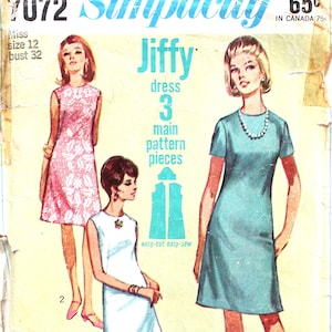 Jiffy Dress 3 Main Pattern Pieces Bust 32 Simplicity 7072 Vintage Sewing Pattern Size 12