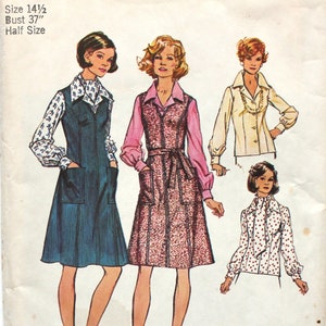 Puede incluir: Un patrón de costura vintage para un vestido con un chaleco. El patrón es para las tallas 14 1/2 y un busto de 94 cm. El patrón se llama "Simplicity" y el número es 6470. El patrón es para un diseño "Look Slimmer".