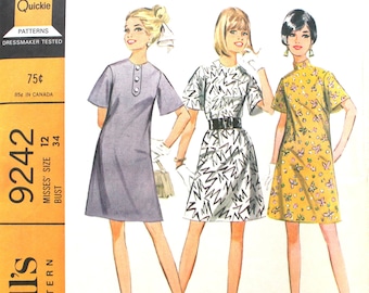 UNCUT A Line Dress with Bell Sleeves Bust 34 McCalls 9242 Vintage Sewing Pattern Size 12