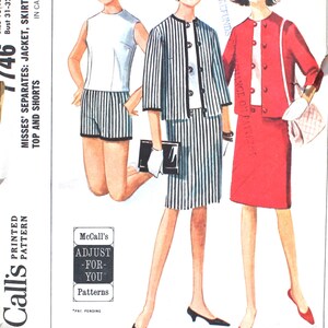 May include: A vintage sewing pattern for a women's jacket, skirt, top, and shorts. The pattern is illustrated with three women wearing the different pieces. The pattern is from McCall's and is called "Adjust-For-You".