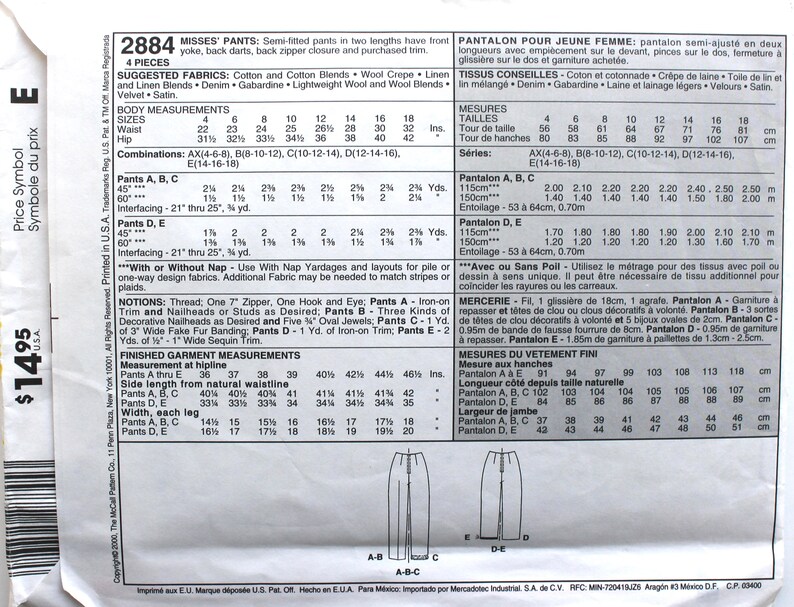 UNCUT Set of Pants Waist 28-32 McCalls 2884 Vintage Sewing Pattern 画像 2