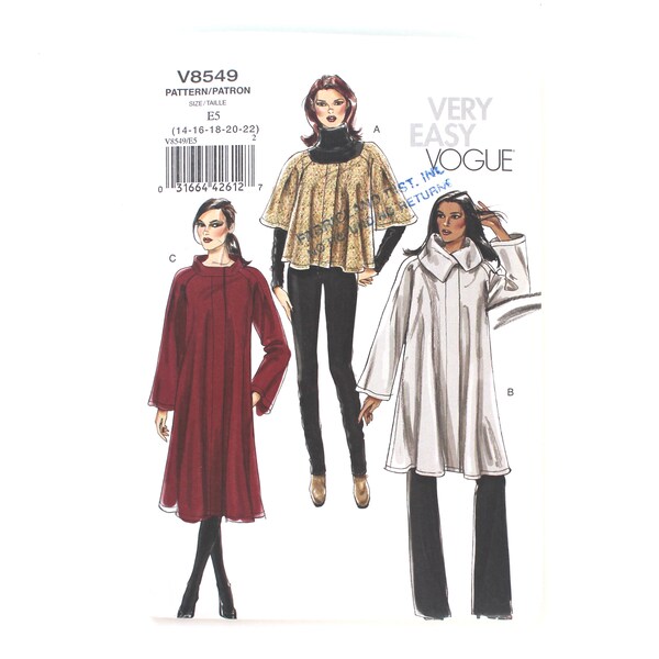 UNCUT Misses Trapeze Coat Bust 36-44 Size 14-22 Vogue Sewing Pattern V8549