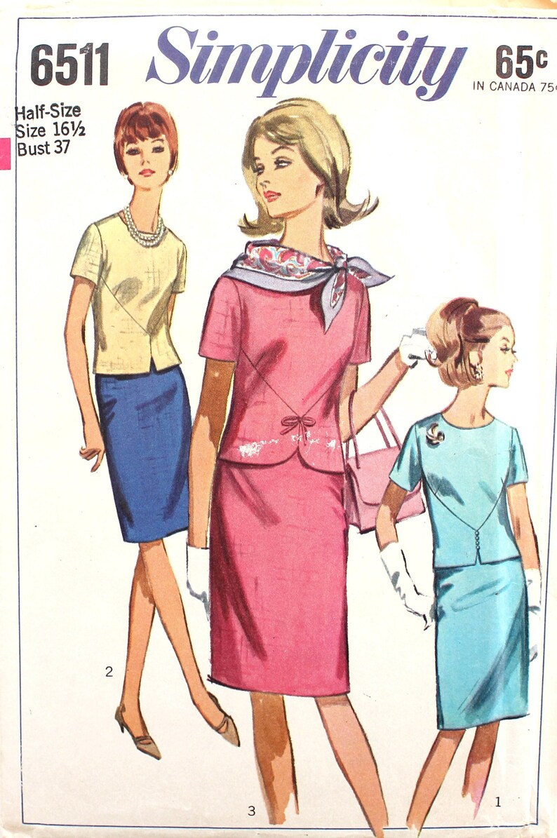 1960's Two Piece Dress Bust 37 Simplicity 6511 Vintage Sewing Pattern image 1