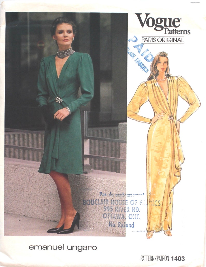 UNCUT Emanuel Ungaro Dress Bust 32.5 Size 10 Vogue Paris Original 1403 Vintage Sewing Pattern 画像 1