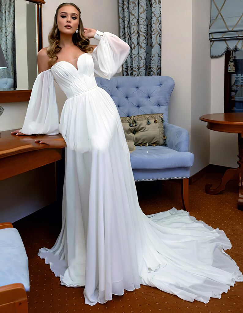 Off the shoulder A-line wedding dress puff sleeves | Etsy