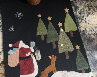 A Walk in December Pattern Only by Nutmeg Hare Winter Christmas Holiday Wool Applique Runner Santa Kris Kringle Woodland Fox and Trees