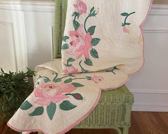 Vintage Antique Floral Hand Stitched Applique Quilt Rose Flowers Floral Cottage Primitive 71" x 82"