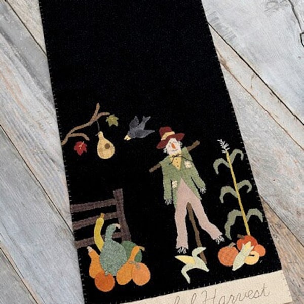 Dear Mister Scarecrow Wool Applique Pattern Only by Nutmeg Hare Autumn Fall Pumpkins Corn Bountiful Harvest Wool Runner Stitchery  FUN