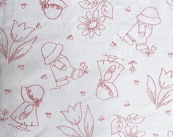 Vintage Sunbonnet Sue and Overall Sam Red Redwork Fabric by Faye Liverman Burgos for Marcus Brothers Textiles Quilting Sewing OOP
