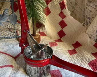 Vintage Antique Handheld Manual Food Press Metal Handle Juice Squeezer Strainer Masher Farmhouse Rustic Collectible Kitchen Housewares Decor