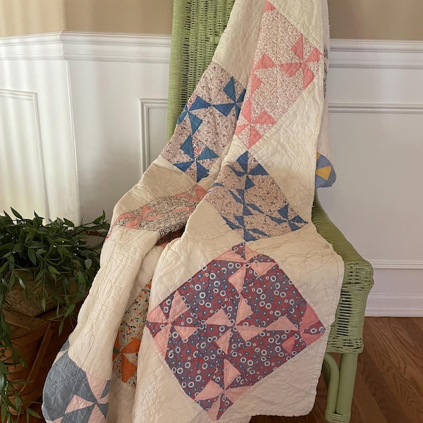 Vintage Hand Stitched Pinwheel Windmills Patchwork Quilt Feed Sack Fabrics Antique Quilting Sewing Crafts Possible Cutter 63"x 75"