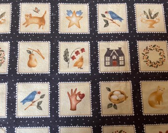 Vintage Folkart Fancies Brushed Cotton Flannel Fabric by Bonnie Sullivan for Maywood Studio Quilting Sewing 12 1/2&quot;x 42&quot; Total 56 Blocks OOP