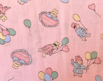 Vintage 1987 Paddington Bear Pink Fabric by Springs Industries Eden Toys Valentine Hearts Balloons Party  Quilting Sewing SO SWEET & Rare