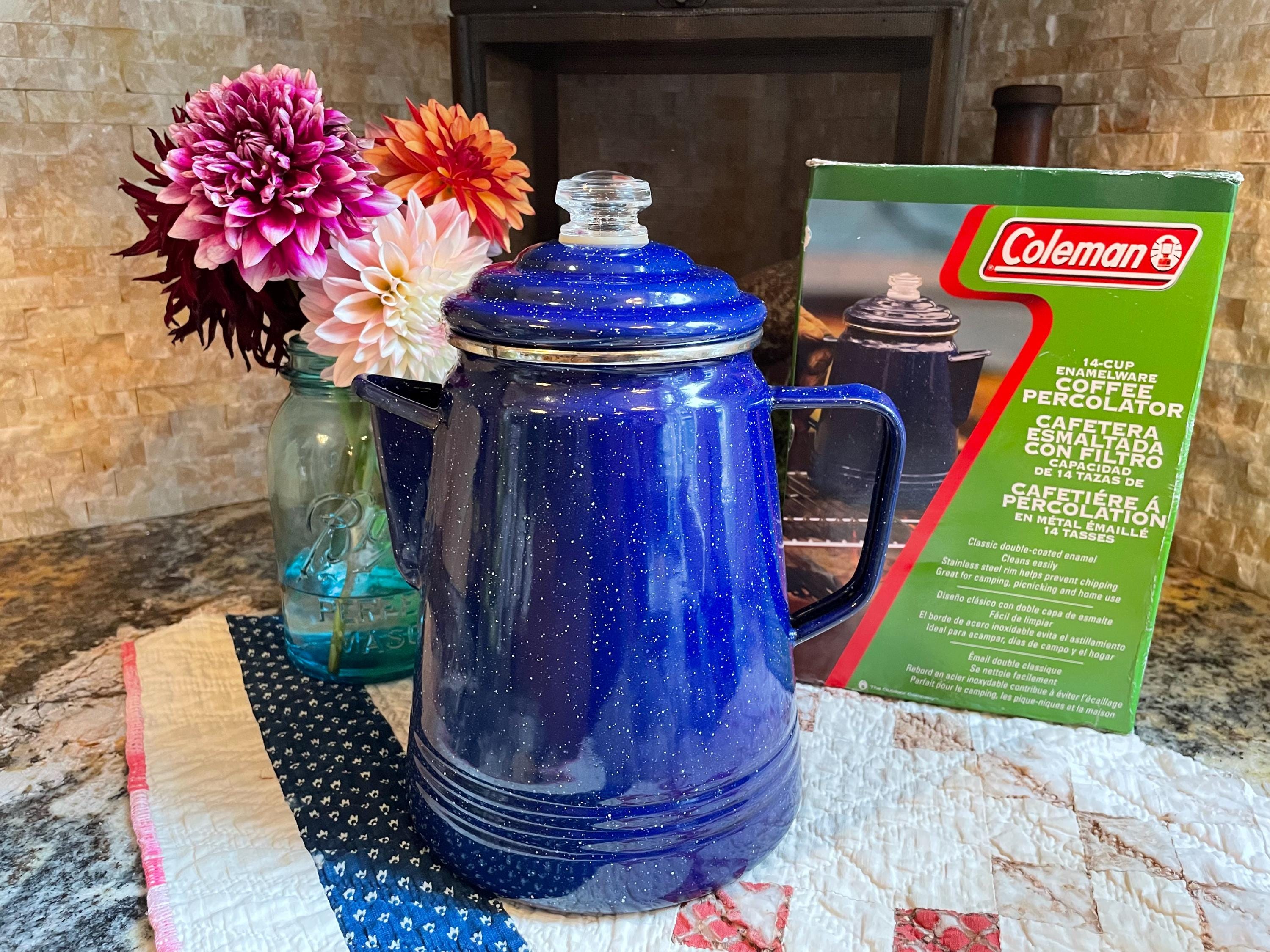 Royal Blue Splatter Coleman Enamelware Coffee Pot With Glass Top