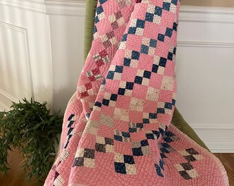 Vintage Antique Four Patch Squares Hand Stitched Quilt  Sewing Quilting Crafts Cottage Farmhouse Decor  Valentine Pink 61" X 73” BEAUTIFUL
