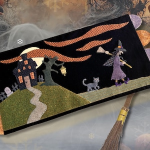 My Broom and I Wool Applique Pattern Only by Nutmeg Hare Autumn Halloween Witch Haunted House Graveyard Eerie Moon Cat Mat Spooky FUN