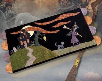 My Broom and I Wool Applique Pattern Only by Nutmeg Hare Autumn Halloween Witch Haunted House Graveyard Eerie Moon Cat Mat Spooky FUN