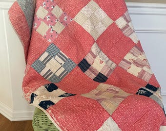 Vintage Hand Stitched Nine Patch Calicos Antique Patchwork Quilt Country Primitives Farmhouse  68 1/2&quot; x 75&quot; Cutter Quilt Crafts