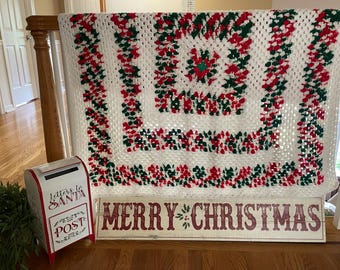 Vintage Granny Square Center Crocheted Afghan Throw Blanket Handmade Festive Christmas Shades of Red Green White Holiday Decor 44" x 45"