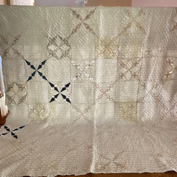 Vintage Hand Stitched Four Point Star Antique Patchwork Quilt Country Primitives Cottage Farmhouse  61" x 77 1/2" Cutter Quilt Crafts