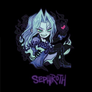 May include: A cartoon illustration of a purple and blue character with long, flowing hair. The character is sitting with a menacing expression and a small pink heart in their hand. The text "Lukabooga" and "Sephiroth" are visible in the image.