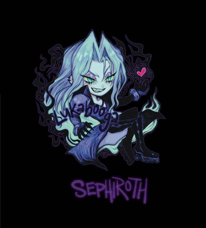 May include: A cartoon illustration of a purple and blue character with long, flowing hair. The character is sitting with a menacing expression and a small pink heart in their hand. The text "Lukabooga" and "Sephiroth" are visible in the image.