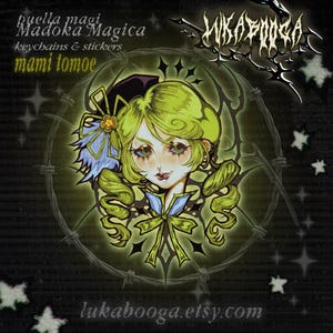 May include: A green and yellow illustration of a character from the anime series Madoka Magica. The character has a blue bow and a green and yellow dress. The image is surrounded by a black and white barbed wire design. The text "puella magi Madoka Magica keychains & stickers mami tomoe" is at the top of the image. The text "lukabooga.etsy.com" is at the bottom of the image.
