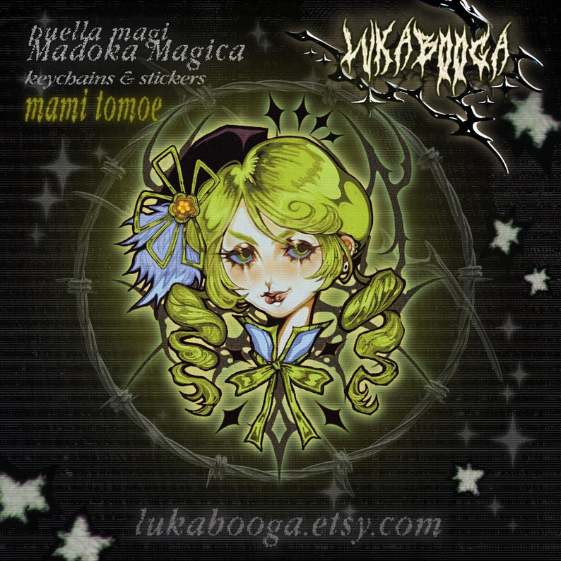 May include: A green and yellow illustration of a character from the anime series Madoka Magica. The character has a blue bow and a green and yellow dress. The image is surrounded by a black and white barbed wire design. The text "puella magi Madoka Magica keychains & stickers mami tomoe" is at the top of the image. The text "lukabooga.etsy.com" is at the bottom of the image.