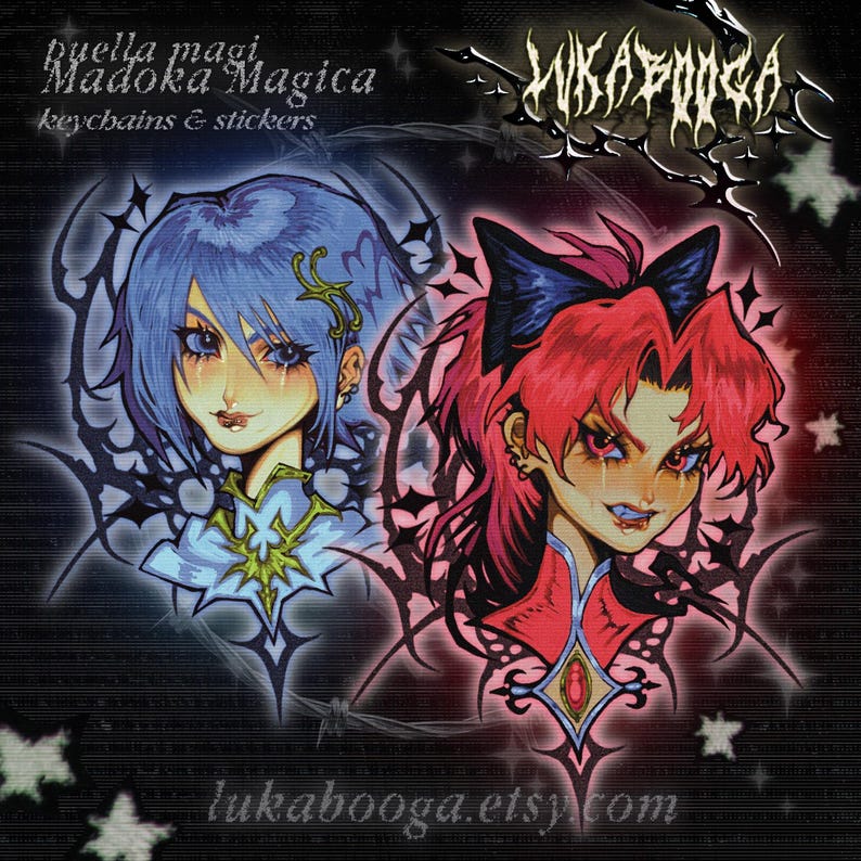 May include: Two anime-style character illustrations with a gothic aesthetic. The character on the left has blue hair and is wearing a light blue and gold outfit. The character on the right has pink hair and is wearing a red and black outfit. Both characters have black outlines and are set against a black background with white stars.