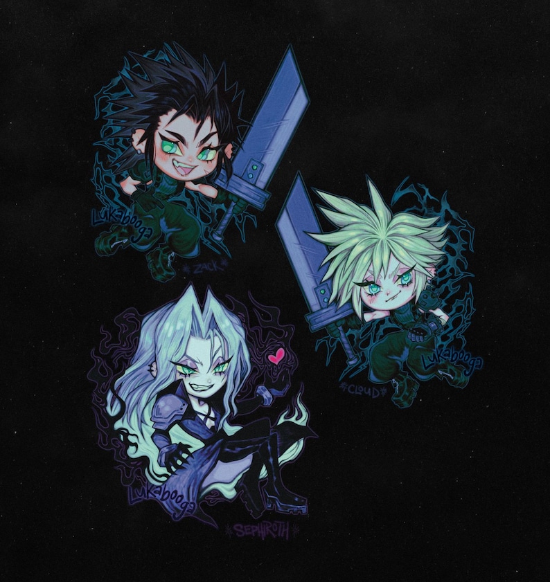 May include: Three cartoon characters from the Final Fantasy VII video game.  The characters are Cloud, Sephiroth, and Zack.  Each character is depicted in a chibi style with large eyes and a playful expression.  The characters are surrounded by a dark background with a swirling pattern.