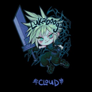 May include: A cartoon illustration of a character from the Final Fantasy video game series, Cloud Strife, holding a sword. The character is depicted in a chibi style, with large eyes and a small body. The background is black with a dark blue and green color scheme. The text "Lukabooga" is written above the character, and the text "*CLOUD*" is written below the character.