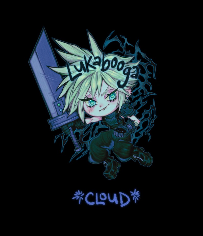 May include: A cartoon illustration of a character from the Final Fantasy video game series, Cloud Strife, holding a sword. The character is depicted in a chibi style, with large eyes and a small body. The background is black with a dark blue and green color scheme. The text "Lukabooga" is written above the character, and the text "*CLOUD*" is written below the character.