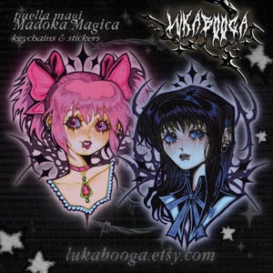 May include: Two anime-style character illustrations with a gothic aesthetic. The first character has pink hair with large pink bows and blue eyes. The second character has dark blue hair and blue eyes. Both characters are wearing a white collar and a bow tie. The background is black with a gothic design.