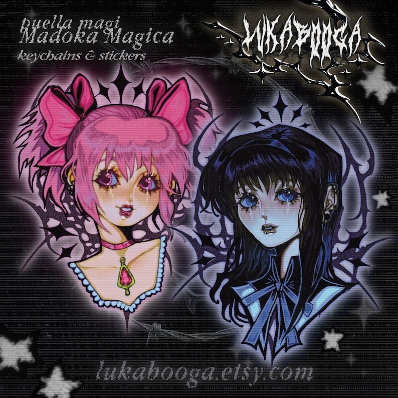 May include: Two anime-style character illustrations with a gothic aesthetic. The first character has pink hair with large pink bows and blue eyes. The second character has dark blue hair and blue eyes. Both characters are wearing a white collar and a bow tie. The background is black with a gothic design.