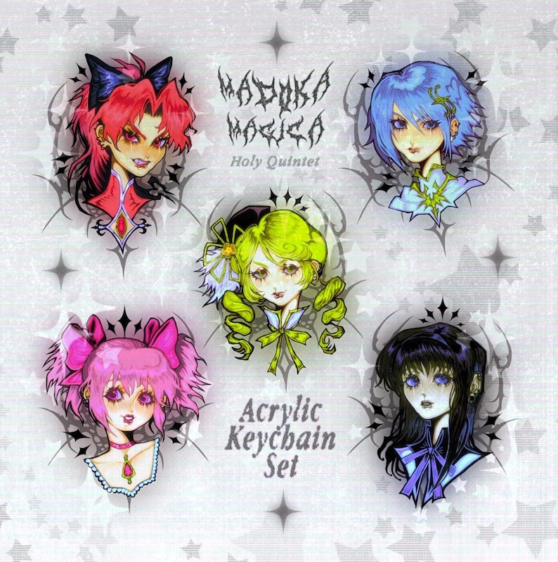May include: Set of five acrylic keychains featuring anime characters from the show Madoka Magica. The characters are depicted in a gothic style with dark backgrounds and intricate details. The text "Madoka Magica Holy Quintet" is displayed at the top of the image. The text "Acrylic Keychain Set" is displayed at the bottom of the image.